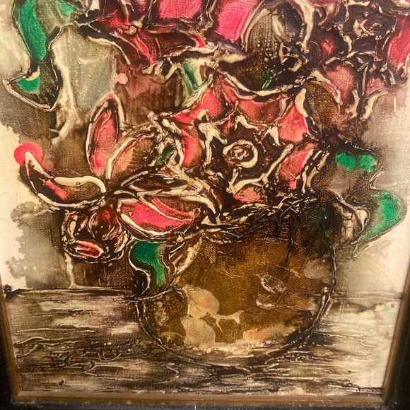 Vintage 1965 Palette Knife Floral Oil Painting Signed MCM Wood Velvet Frame - Picture 8 of 16